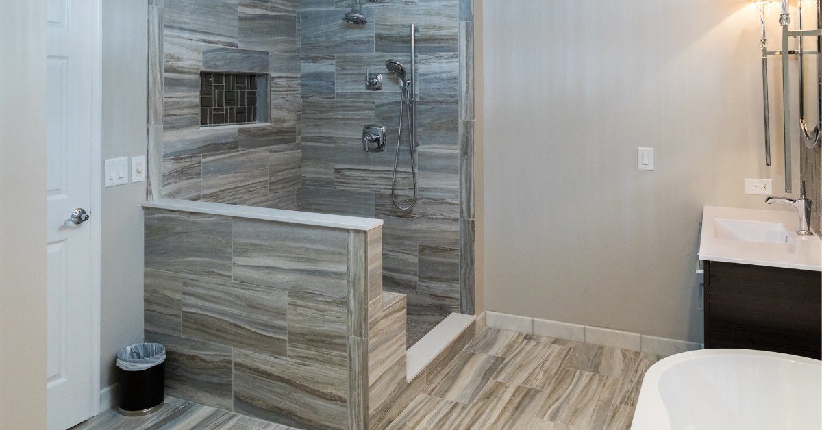 Large-format porcelain tile in a North Jersey walk-in shower